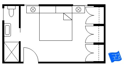 Master bedroom floor plan with side bathroom and a wall of wardrobes opposite.
