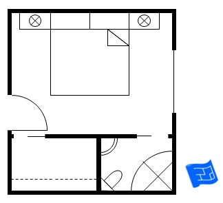 master bedroom floor plan with bathroom in corner and walk in closet