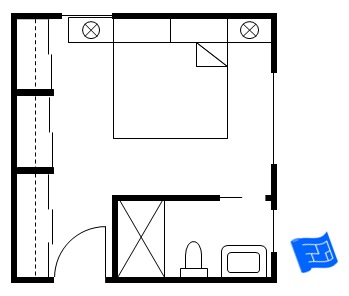 Master bedroom floor plan with a corner bathroom and wardrobe wall with sliding doors
